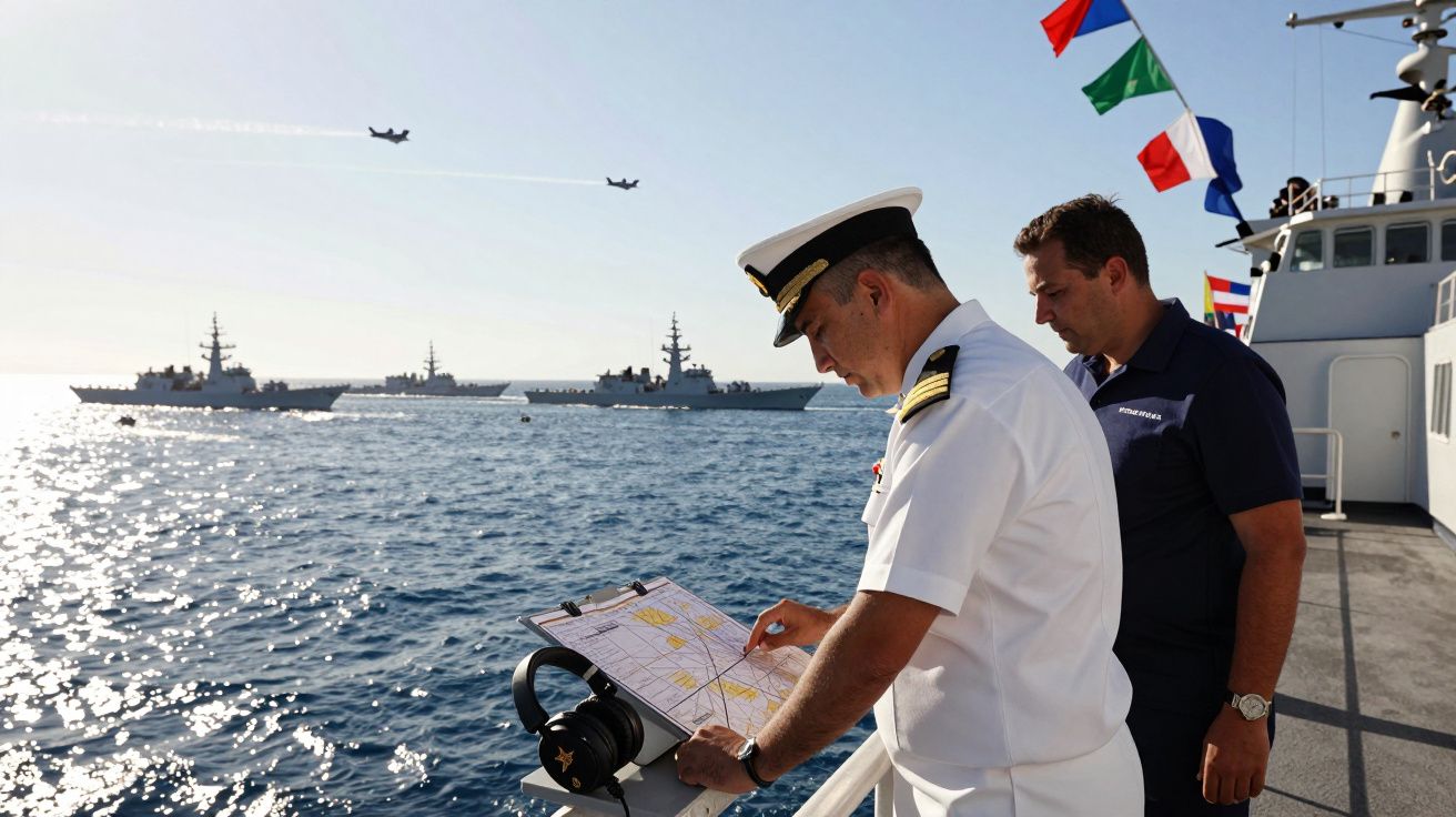 Dois oficiais navais no convés observam mapas com navios e aviões militares ao fundo no mar.