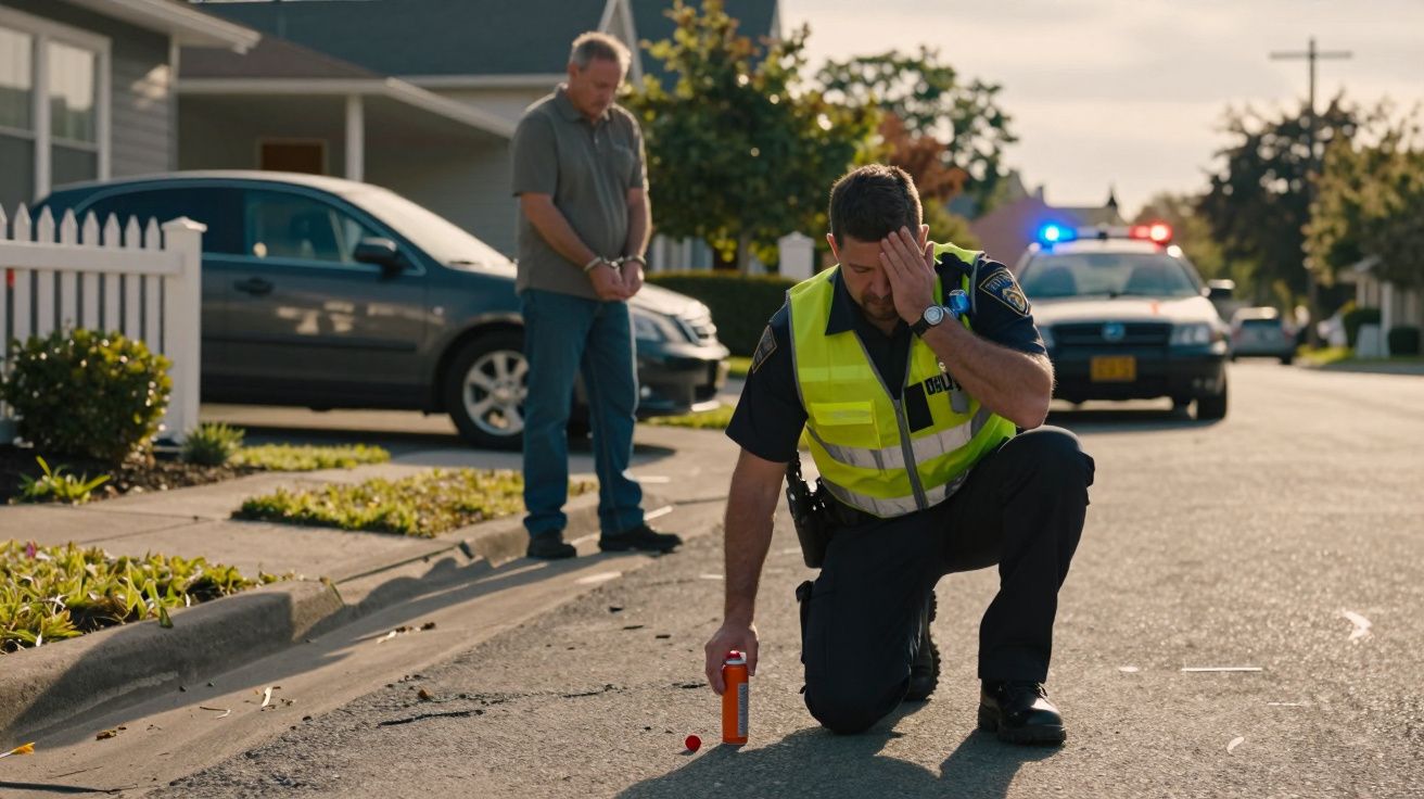 Polícia recolhe provas numa rua suburbana com homem algemado e carrinha patrulha com luzes ligadas ao fundo.
