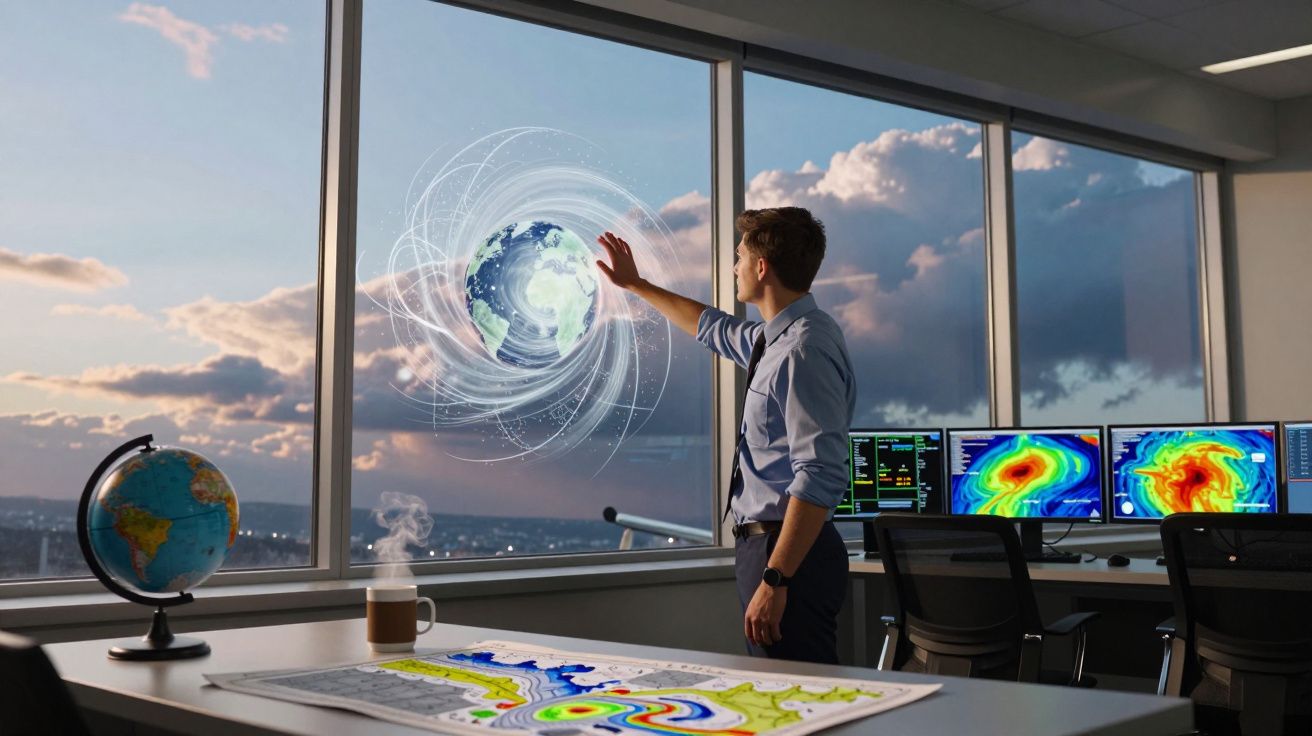 Homem observa projeção digital interativa da Terra numa sala com mapas e monitores de clima.