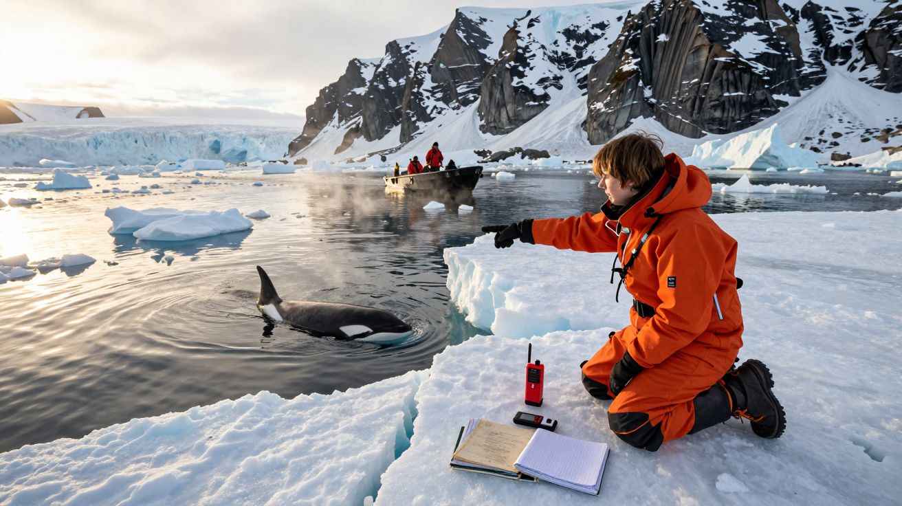 Pessoa de fato laranja interage com orca em ambiente gelado, com barco e montanhas nevadas ao fundo.