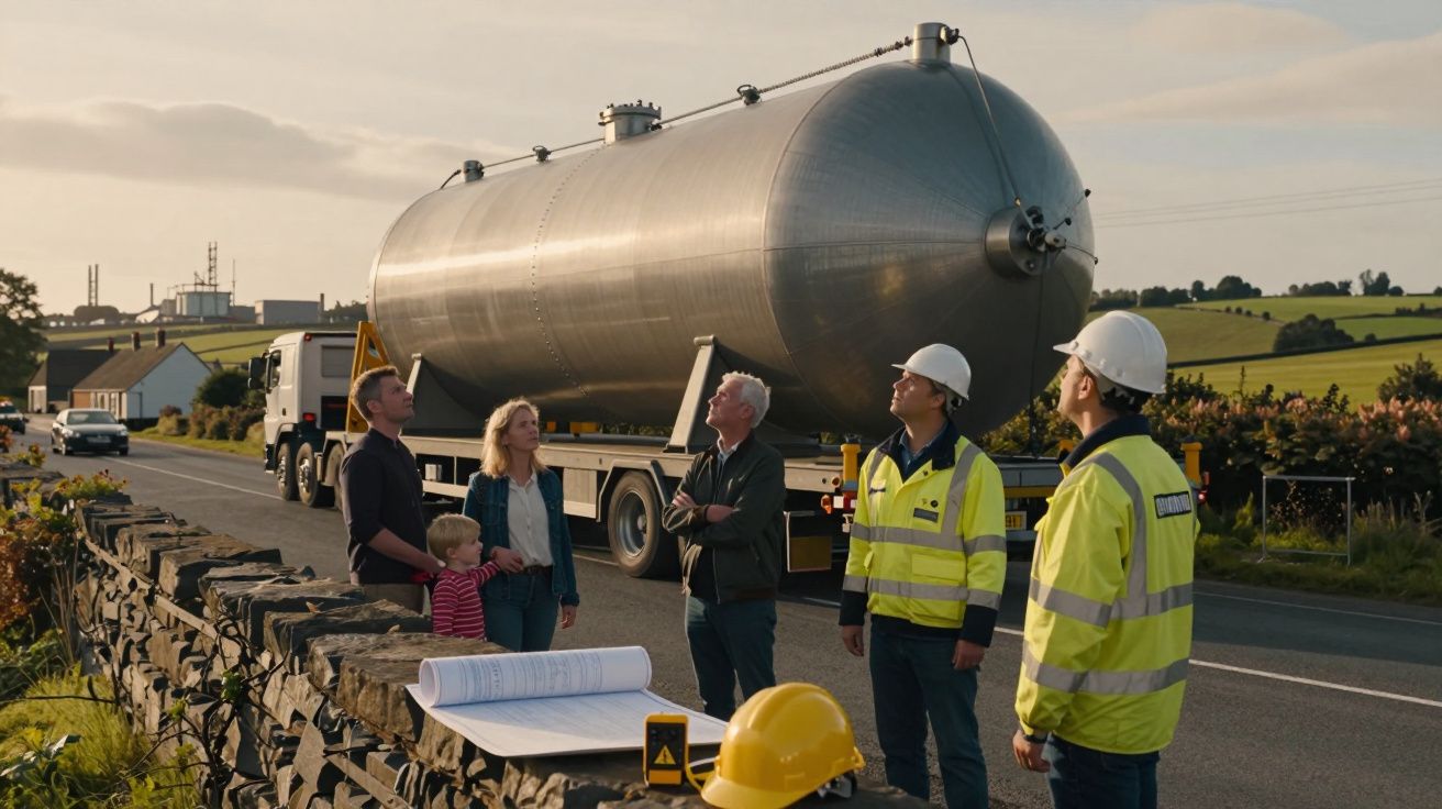 Grupo de pessoas e técnicos com capacetes junto a um grande tanque metálico numa estrada rural.