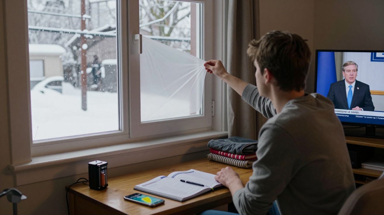 Jovem instala isolamento térmico numa janela enquanto estuda e uma notícia passa na televisão ao fundo.