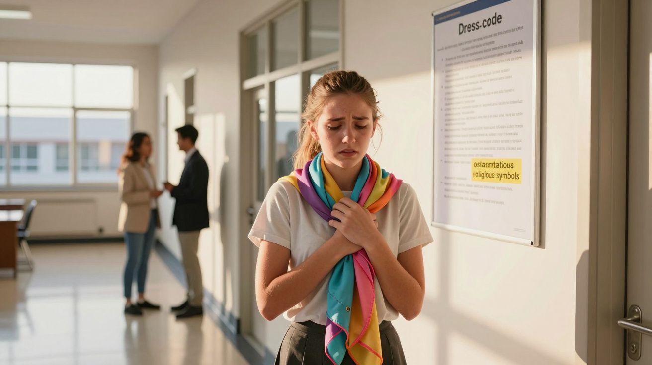 Rapariga com lenço colorido abraça-se a si própria preocupada num corredor, com duas pessoas ao fundo e cartaz de dress code 