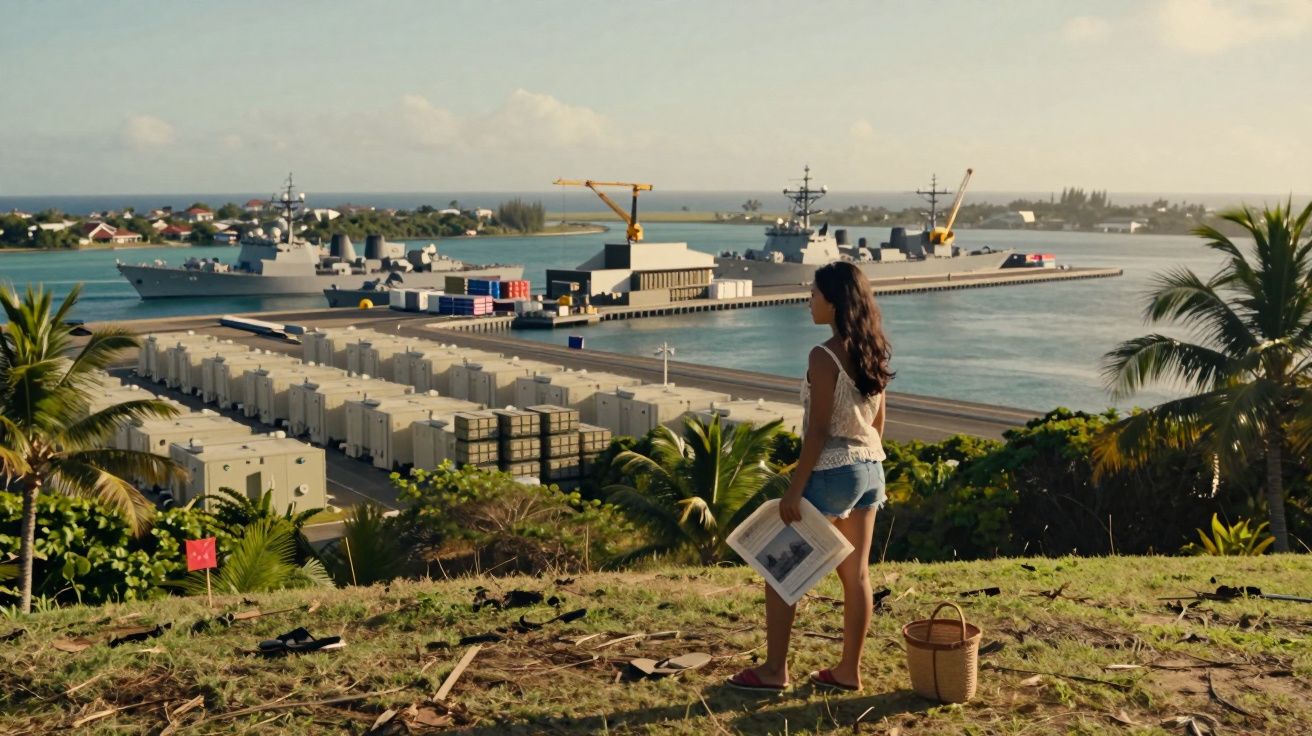 Mulher de pé observa porto com navios militares e contentores, rodeado de vegetação e palmeiras.