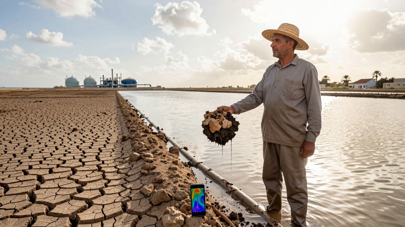 Homem com chapéu de palha segura lama junto a campo seco e canal de água sob céu nublado.