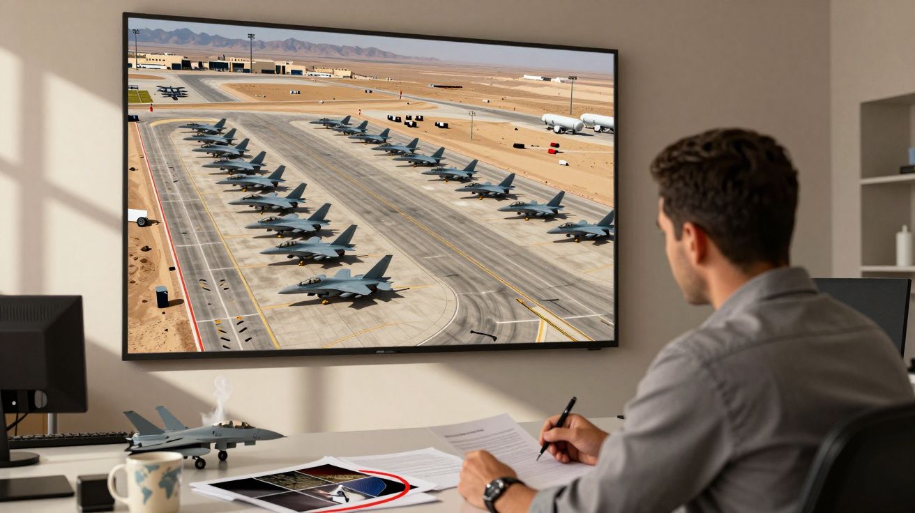 Homem sentado a ver imagens de vários jatos militares estacionados numa pista num ecrã grande.