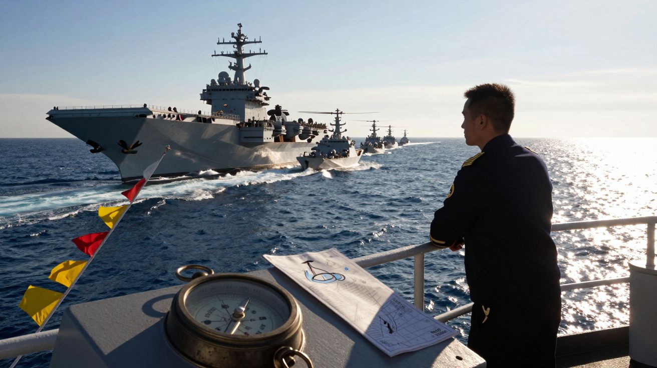 Homem em uniforme naval observa porta-aviões e outras embarcações militares no mar durante o dia.