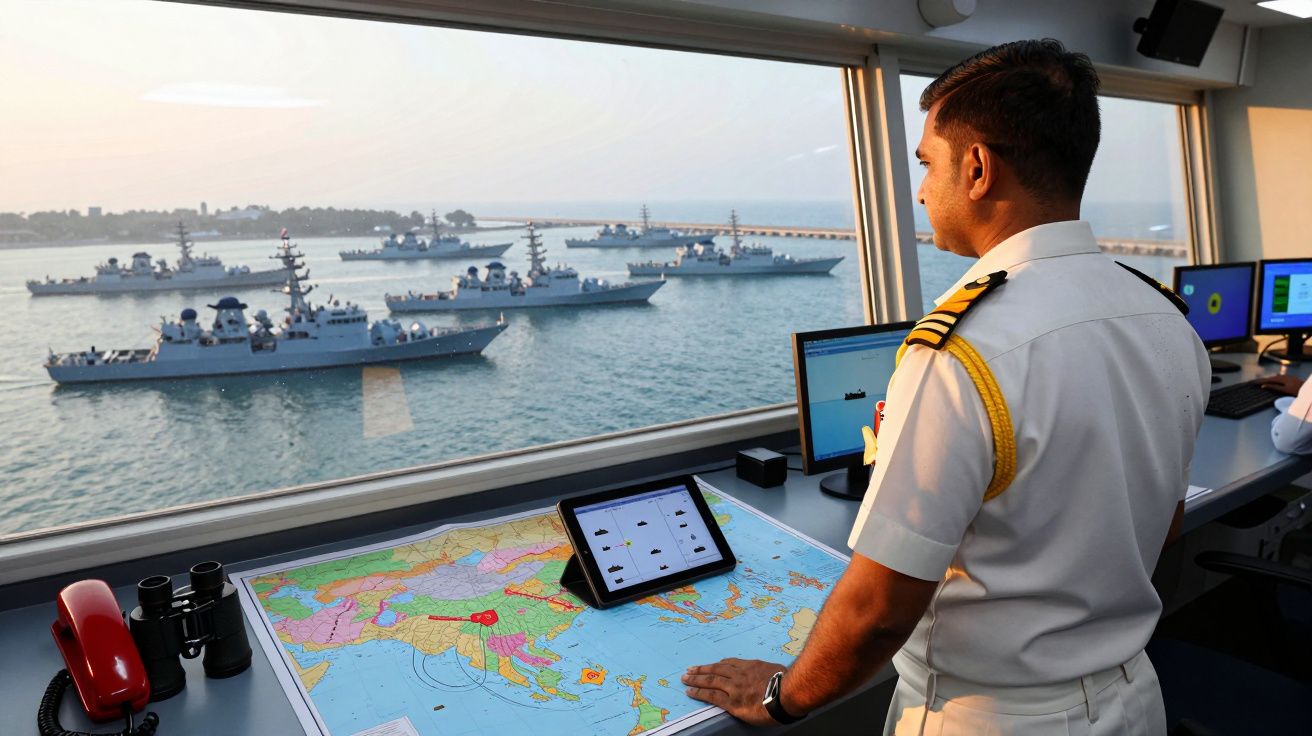 Oficial naval observa através da janela vários navios de guerra no mar, com mapas e equipamentos de navegação na mesa.