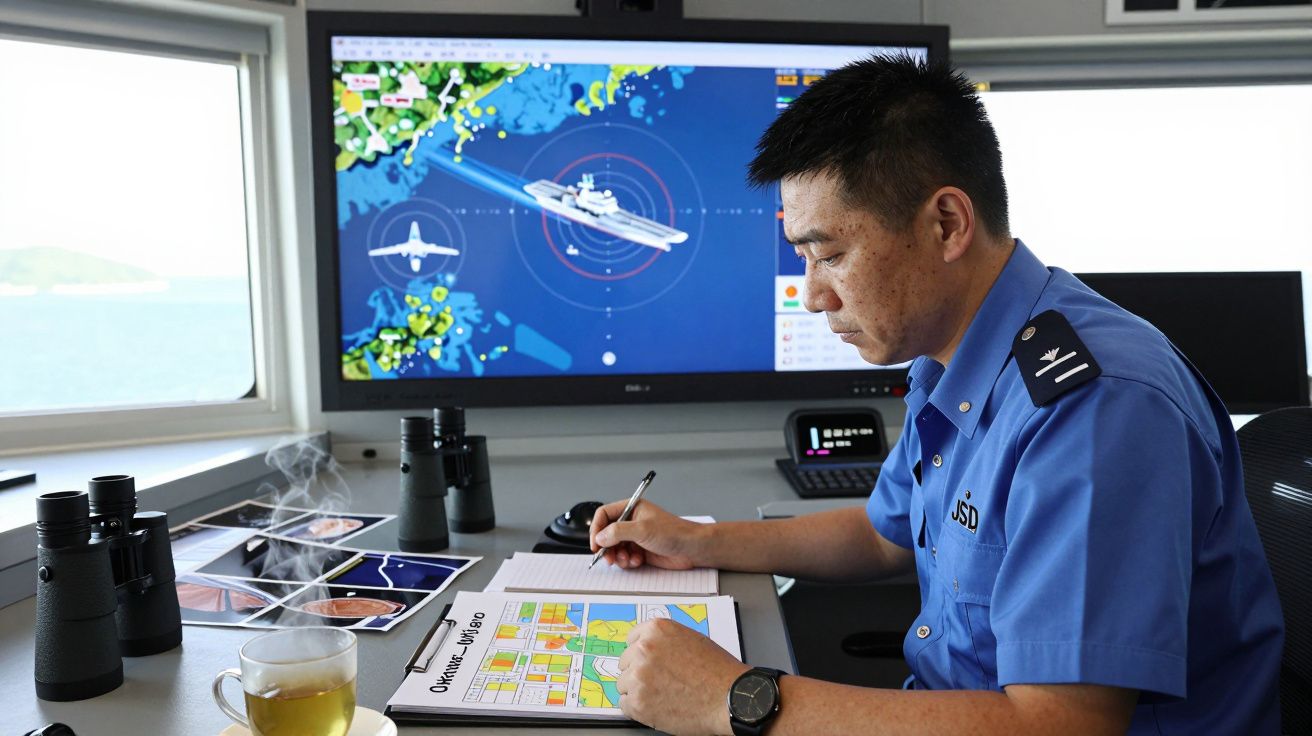 Homem de uniforme azul analisa mapa e escreve notas numa sala de controlo com ecrã de navegação marítima.