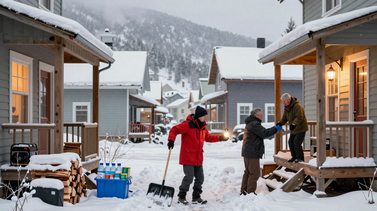 Pessoa de casaco vermelho a tirar neve com pá enquanto outras duas pessoas se cumprimentam em frente a casas cobertas de neve