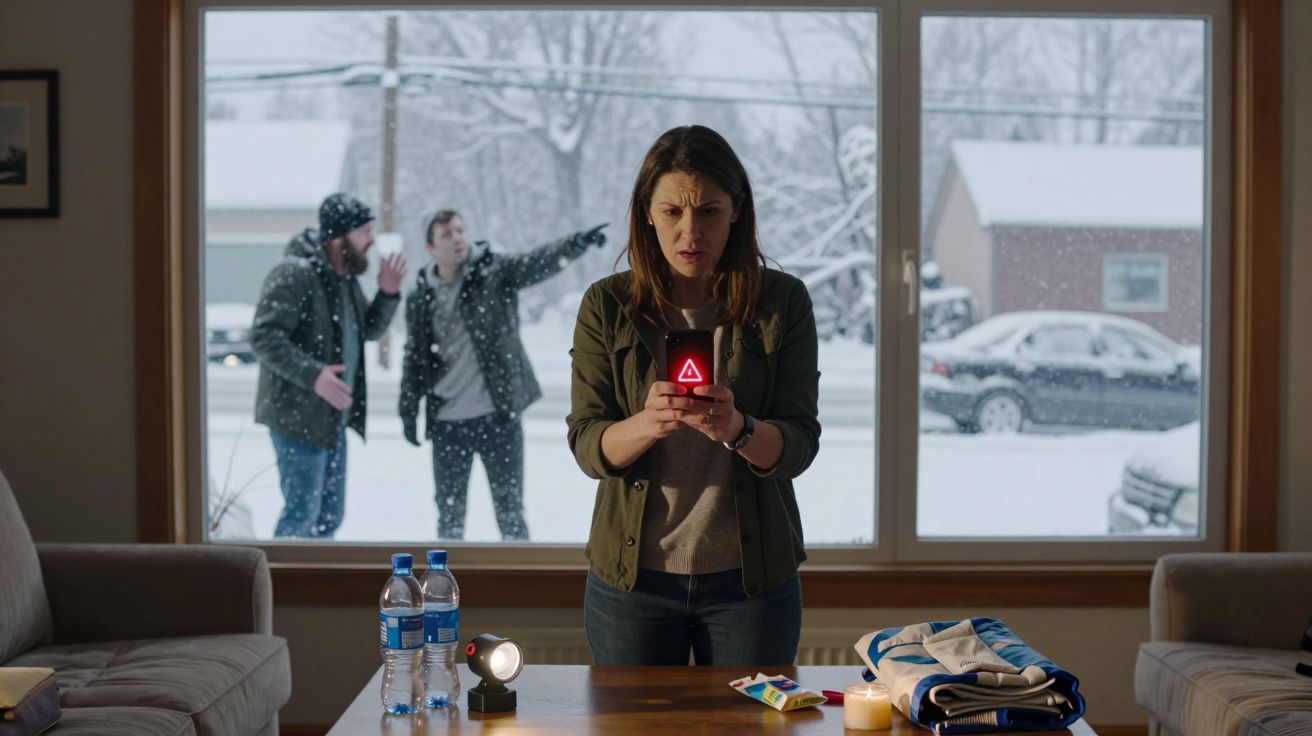 Mulher dentro de casa olhando preocupada para o telemóvel, neve e dois homens discutem pela janela.