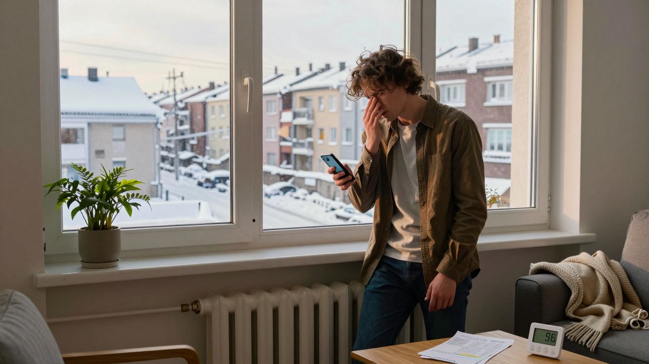 Jovem preocupado lê mensagem no telemóvel junto à janela com vista para a neve na cidade.