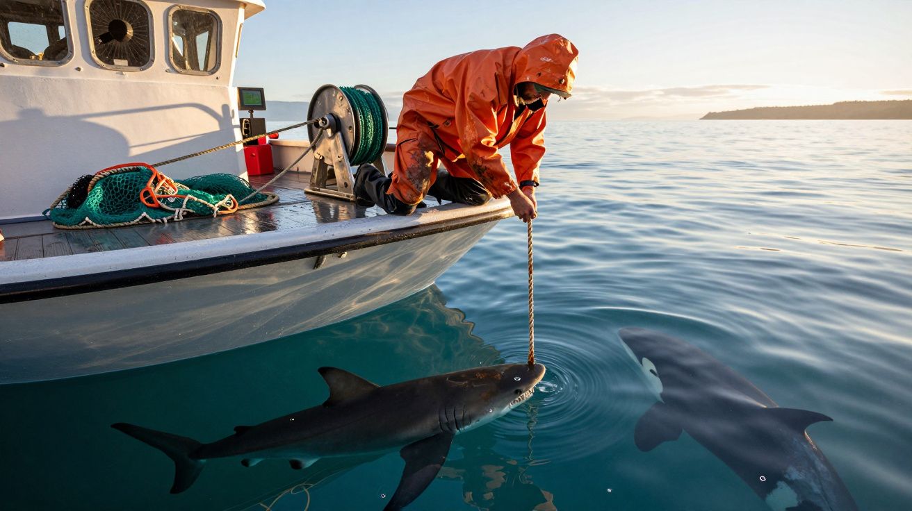 Pescador em traje laranja recolhe linha da água enquanto dois tubarões nadam junto à embarcação.