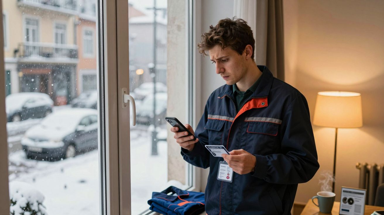 Homem com uniforme a consultar telemóvel e cartão de identificação junto a janela com neve lá fora.