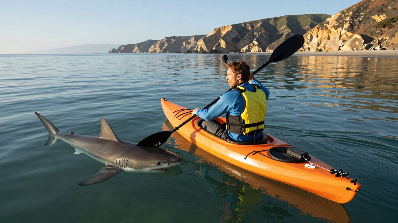 Homem num caiaque laranja perto da água com um tubarão a nadar ao seu lado e montanhas ao fundo.