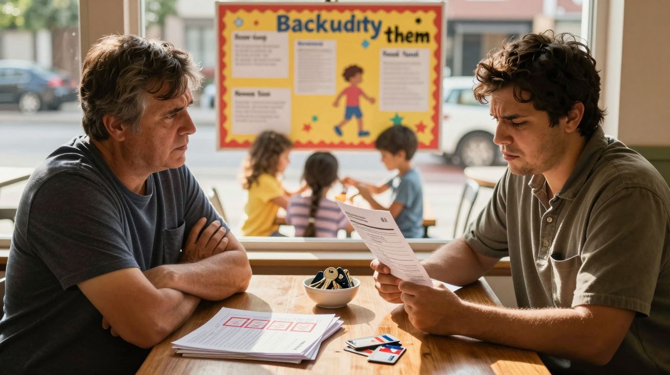 Dois homens sentados à mesa a discutir documentos num café, com crianças a brincar ao fundo.