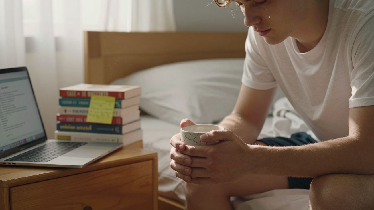 Jovem sentado na cama com expressão triste, segurando uma chávena, ao lado de um computador e livros.