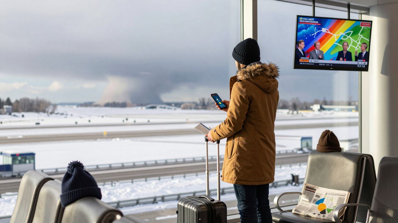 Pessoa de casaco castanho e gorro preto observa a pista de aeroporto coberta de neve, segurando telefone e mala.