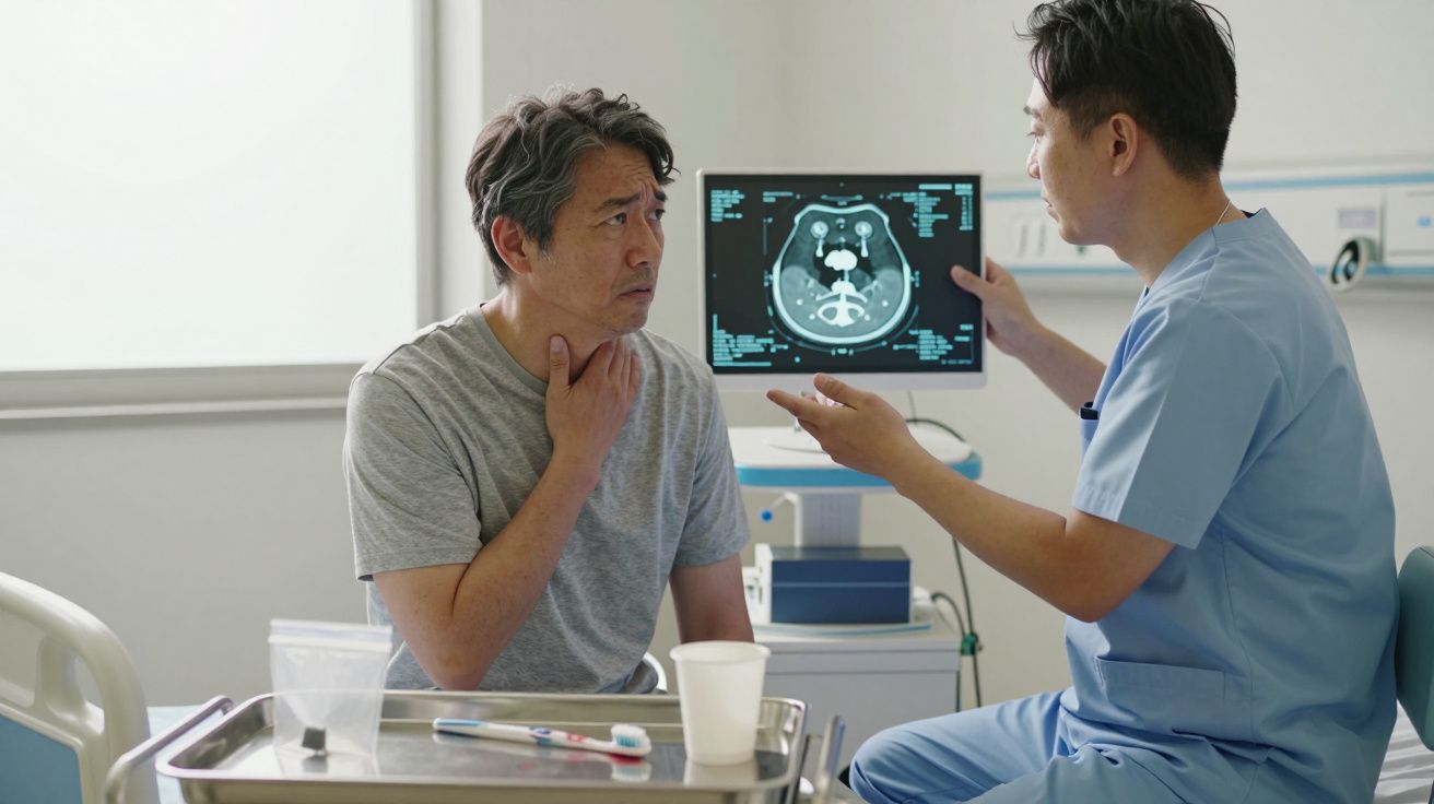 Médico em consulta a mostrar radiografia ao paciente que segura o pescoço numa sala hospitalar.