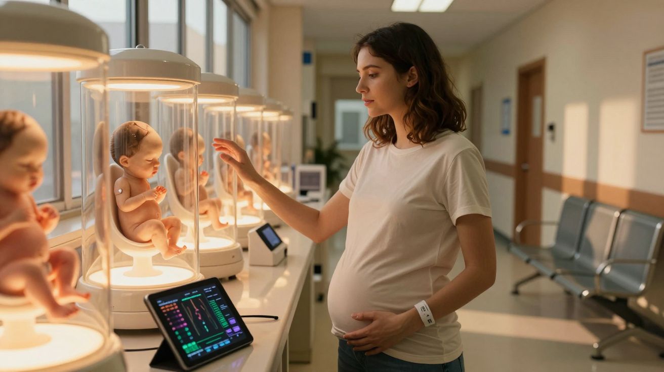Mulher grávida observa fetos em cápsulas de vidro num ambiente futurista e tecnológico.