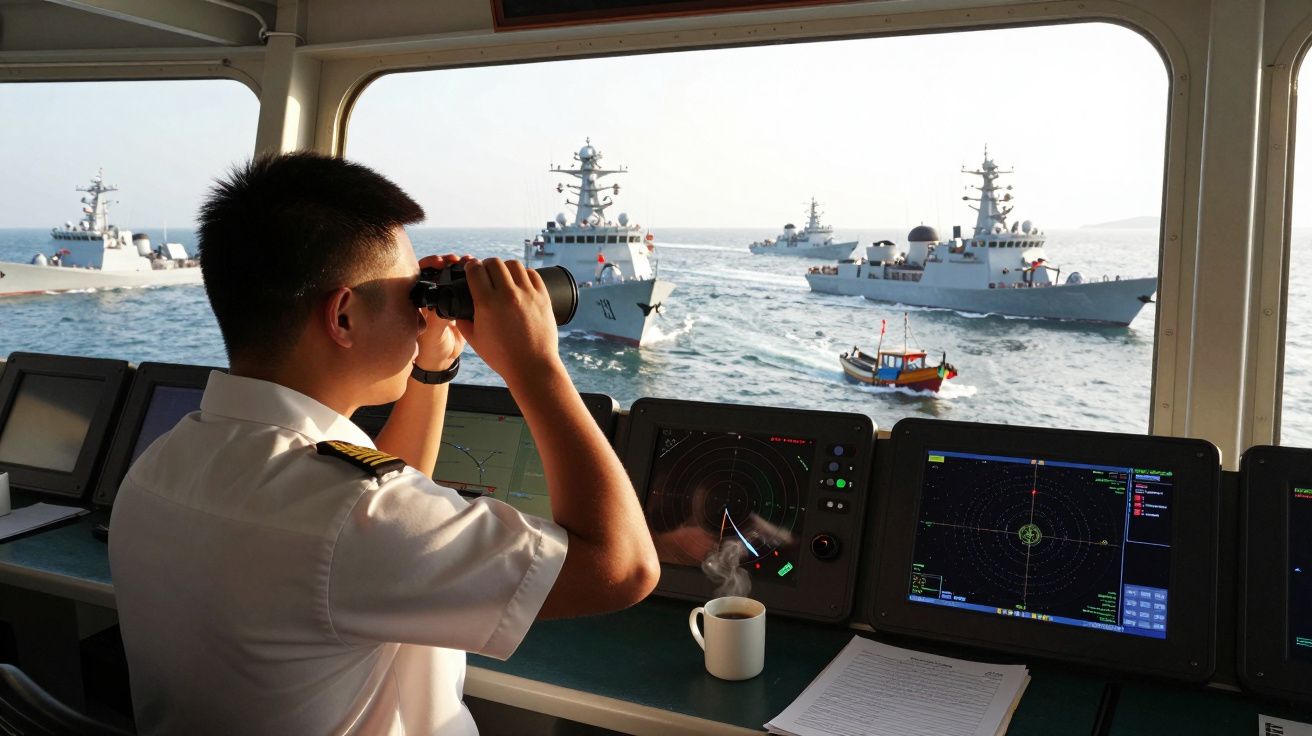 Marinheiro observa navios militares no mar com binóculos dentro da cabine de um navio de patrulha.