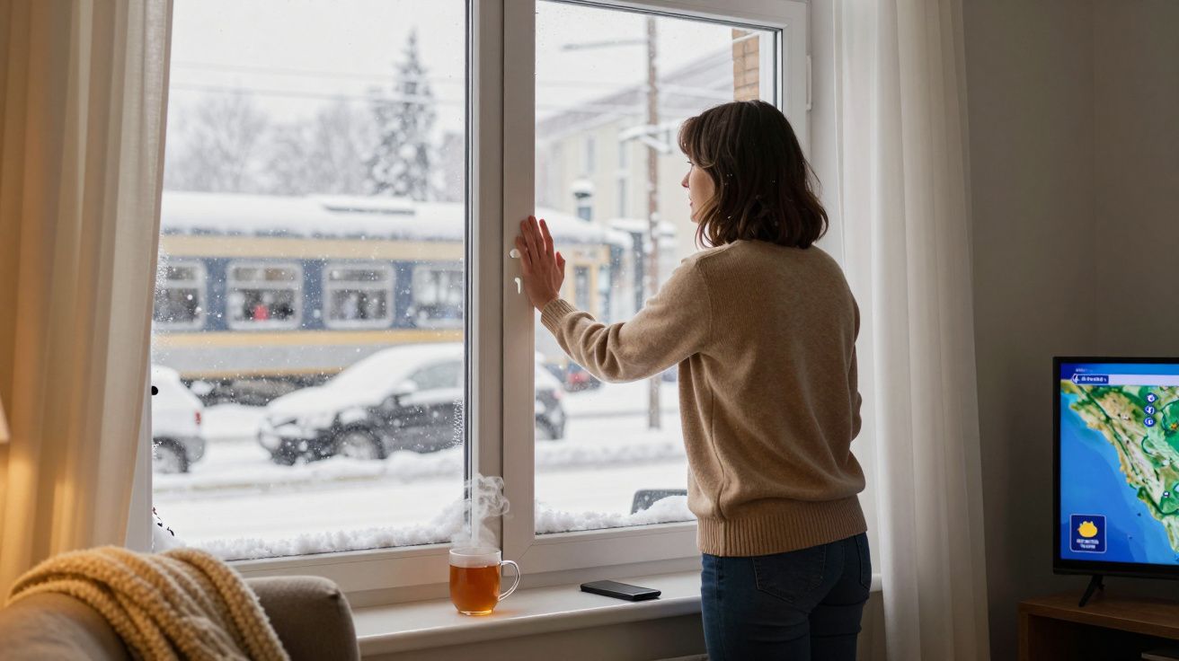Mulher olhando pela janela para a rua coberta de neve, com chá quente numa mesa e televisão ligada.