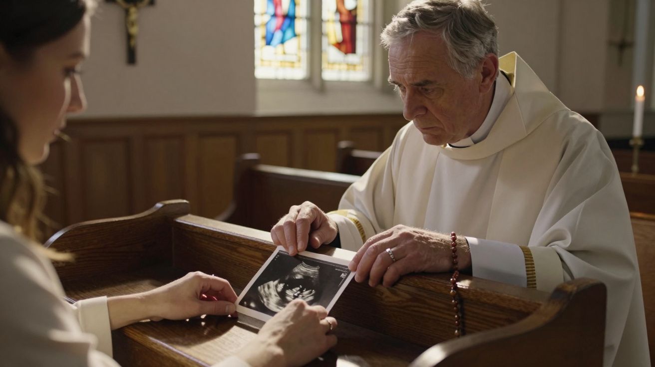 Homem vestido de padre com contas de rosário na mão observa ultrassom na igreja.