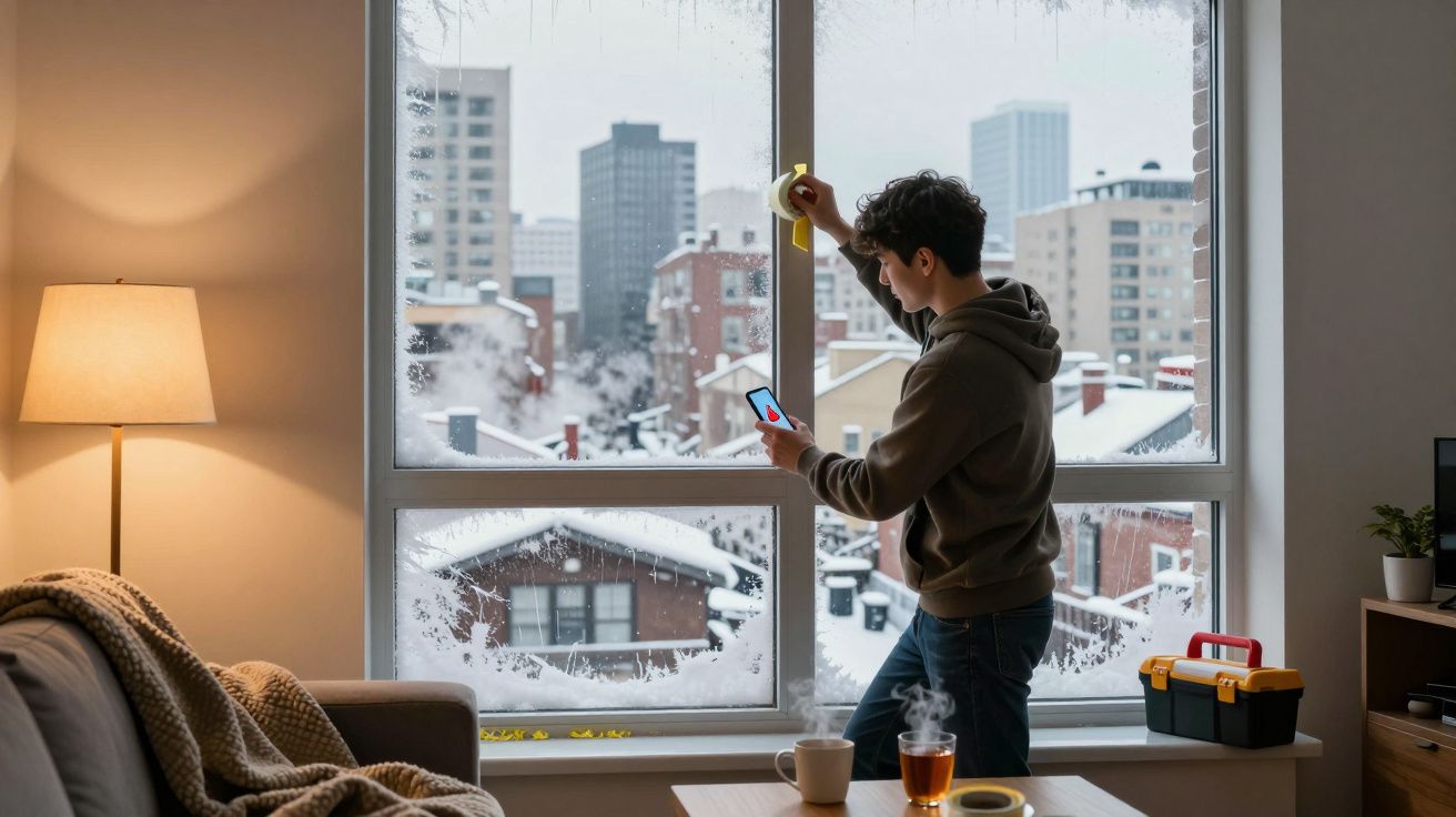 Homem aplica fita isolante em janela interior para vedação contra frio e neve, com chá quente e luz ambiente acolhedora.