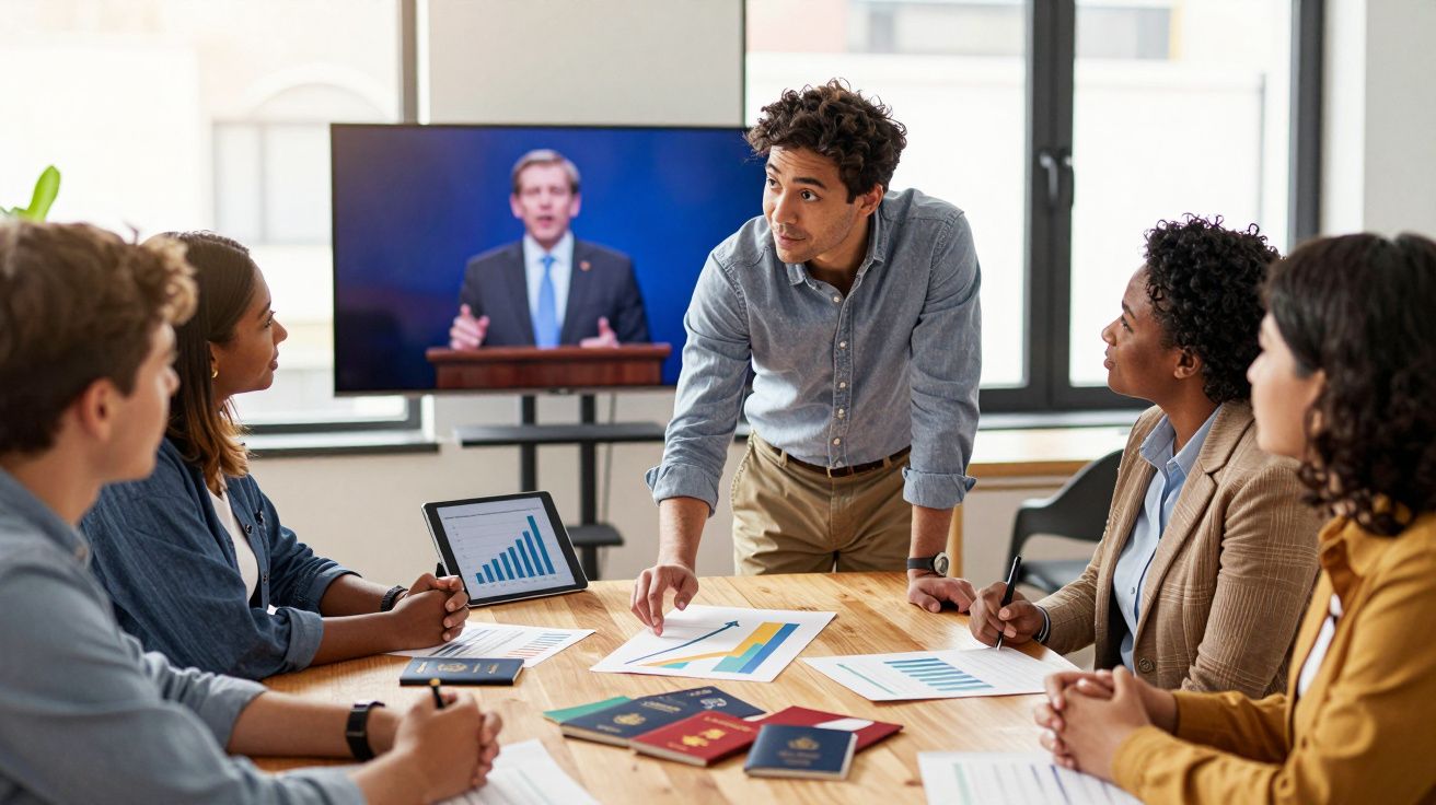 Grupo diversificado em reunião de trabalho com gráficos, passaportes sobre a mesa e vídeo conferência ao fundo.