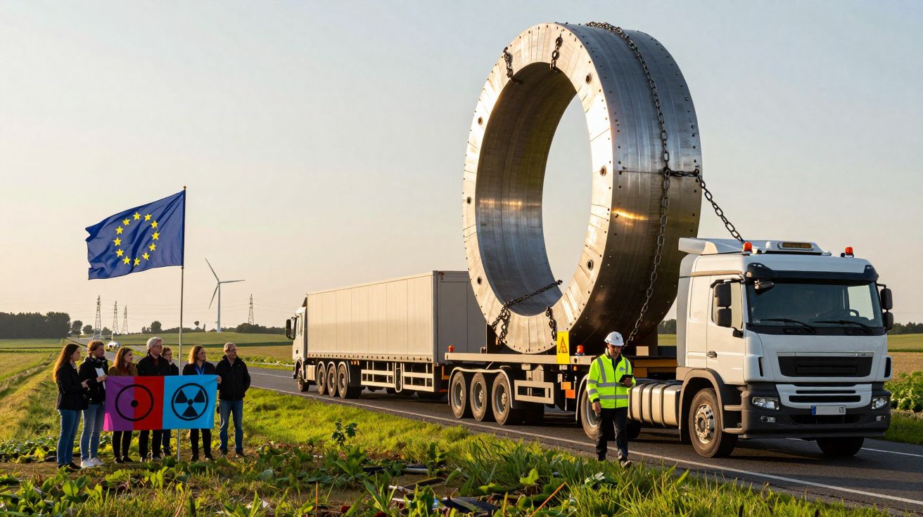 Grupo de pessoas com bandeira da UE protestam junto a camião que transporta peça metálica gigante numa estrada rural.