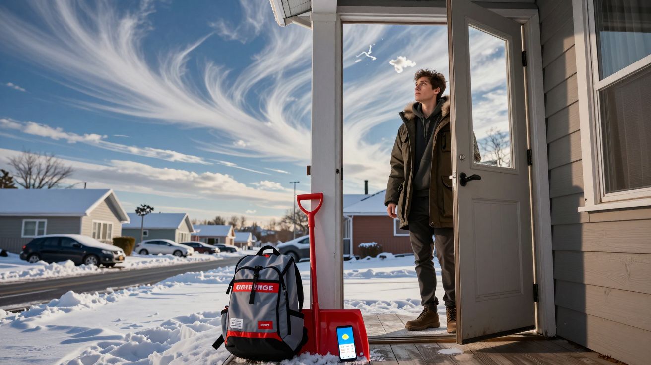 Jovem com casaco observa o céu azul enquanto está na porta de casa, com neve e mochila ao lado.