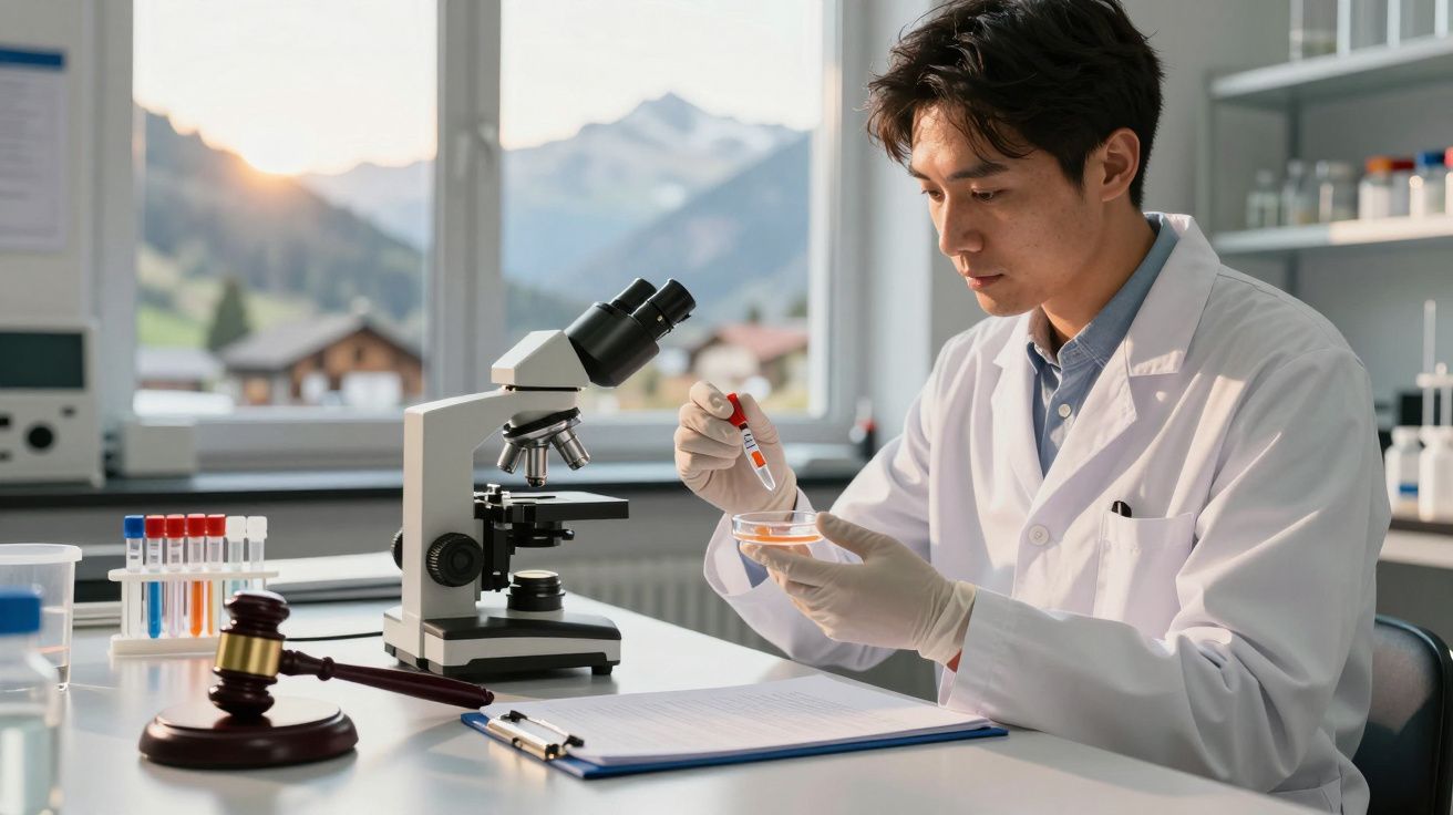 Cientista em laboratório com jaleco, manipulando amostra com pipeta, microscópio e malhete num balcão.