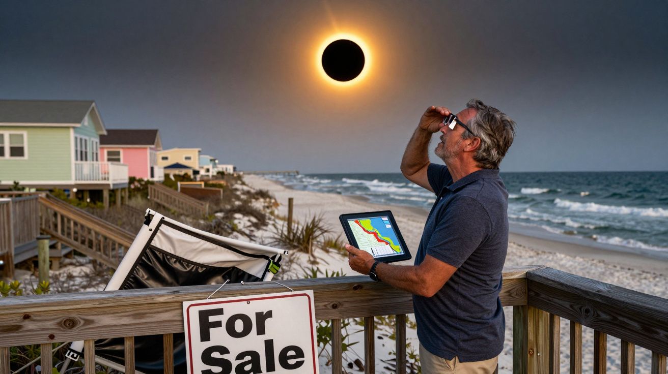 Homem observa eclipse solar com óculos especiais numa praia, junto a placa de casa à venda.