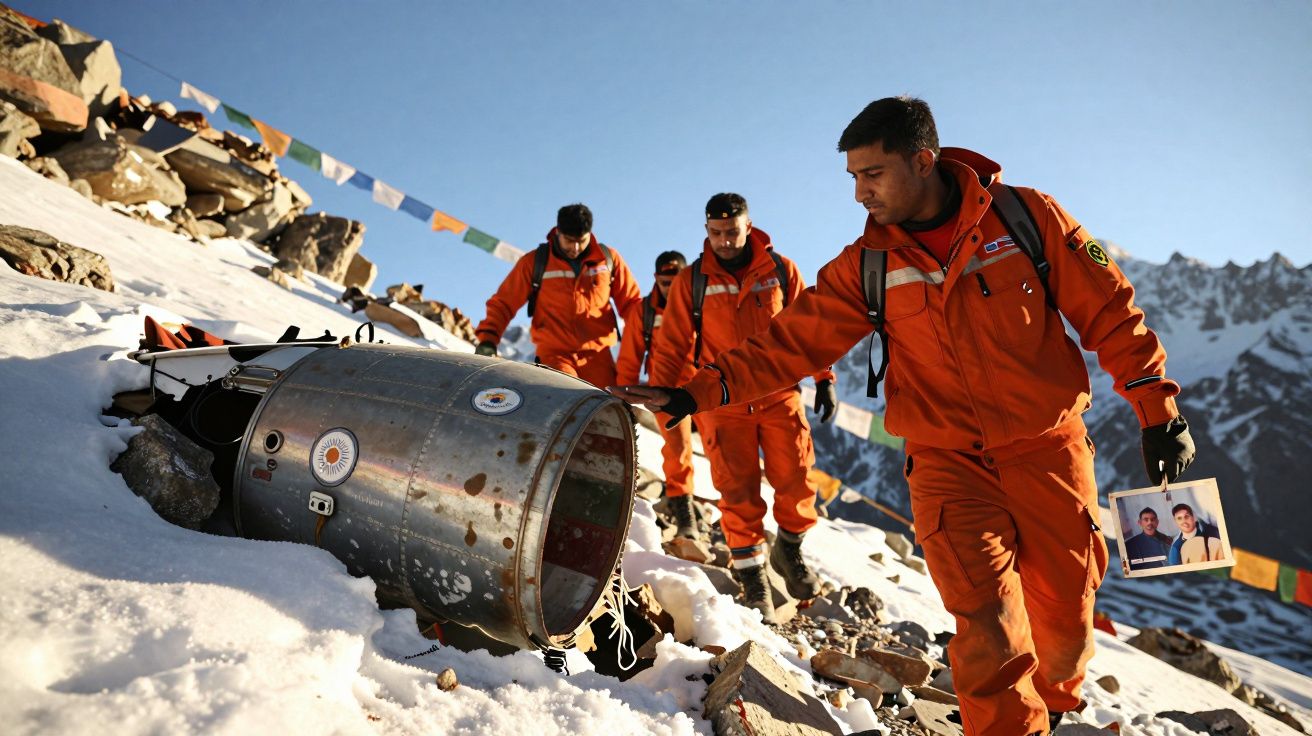 Equipa de resgate em fato laranja inspeciona destroços metálicos na neve em terreno montanhoso.