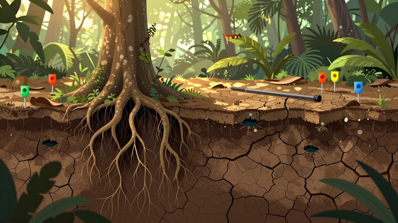 Ilustração da raiz de uma árvore na terra com insetos e ferramentas de análise do solo numa floresta.