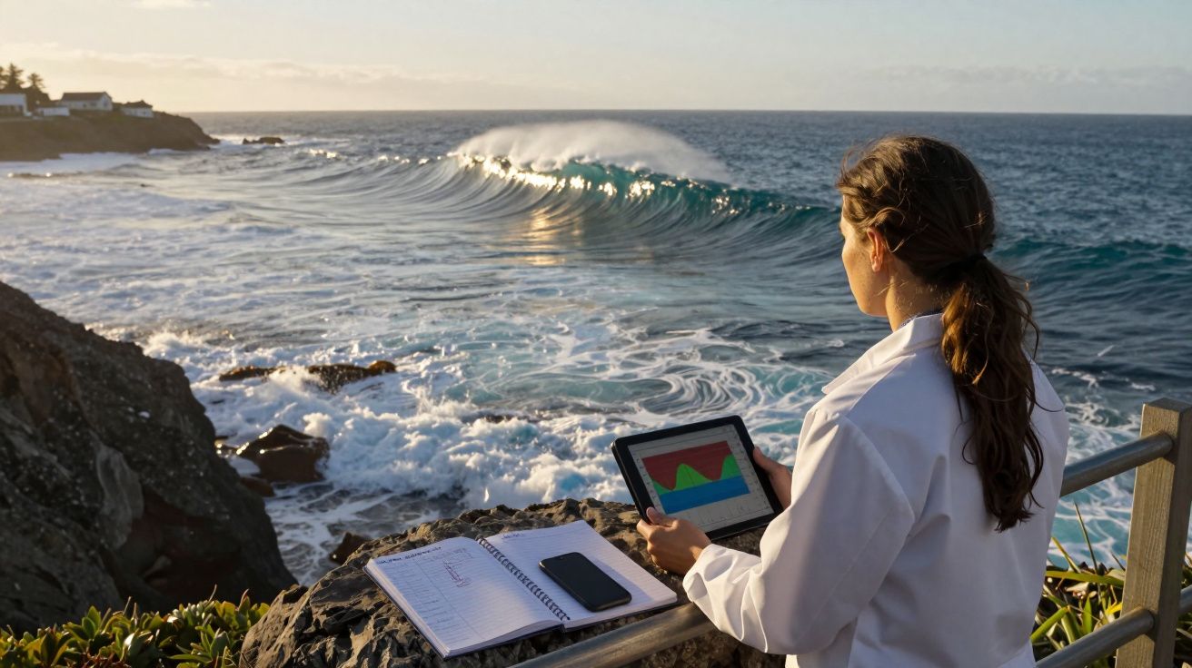 Mulher com bata branca analisa gráfico em tablet na orla rochosa com ondas e mar ao fundo.