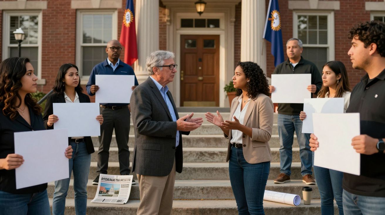 Grupo de pessoas com cartazes em branco, discutindo nas escadas de um edifício institucional.