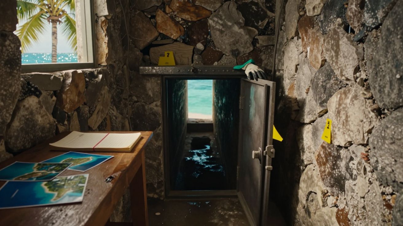 Interior rochoso com cofre aberto, parede marcada e vista para praia e mar ao fundo.