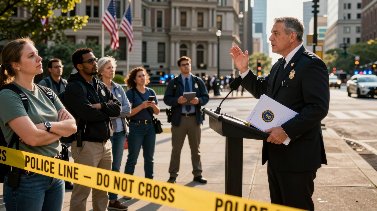 Agente da polícia fala para um grupo de pessoas atrás de fita amarela de área interditada na cidade.