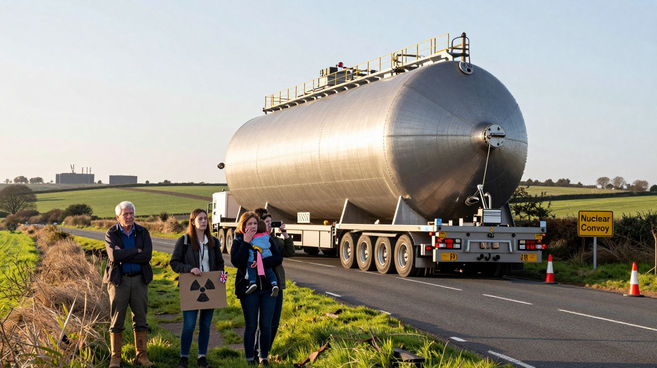 Grupo de pessoas a observar e fotografar um camião com contentor metálico em estrada rural sinalizada como transporte nuclear