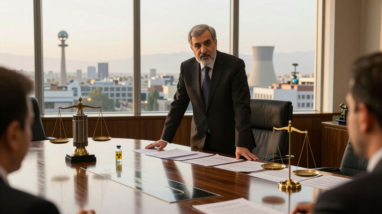 Homem de fato preto a liderar reunião em escritório com balanças da justiça numa mesa de madeira.