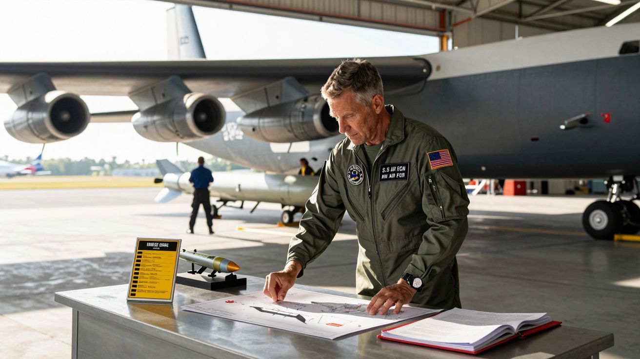 Homem em fato militar consulta documentos numa mesa, com avião militar estacionado numa hangar ao fundo.