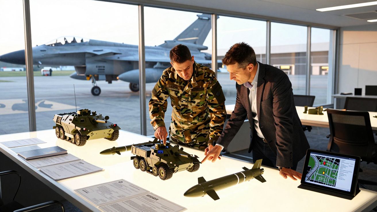 Dois homens, um militar e um civil, analisam modelos de veículos e armamento militar numa mesa iluminada junto a um avião.