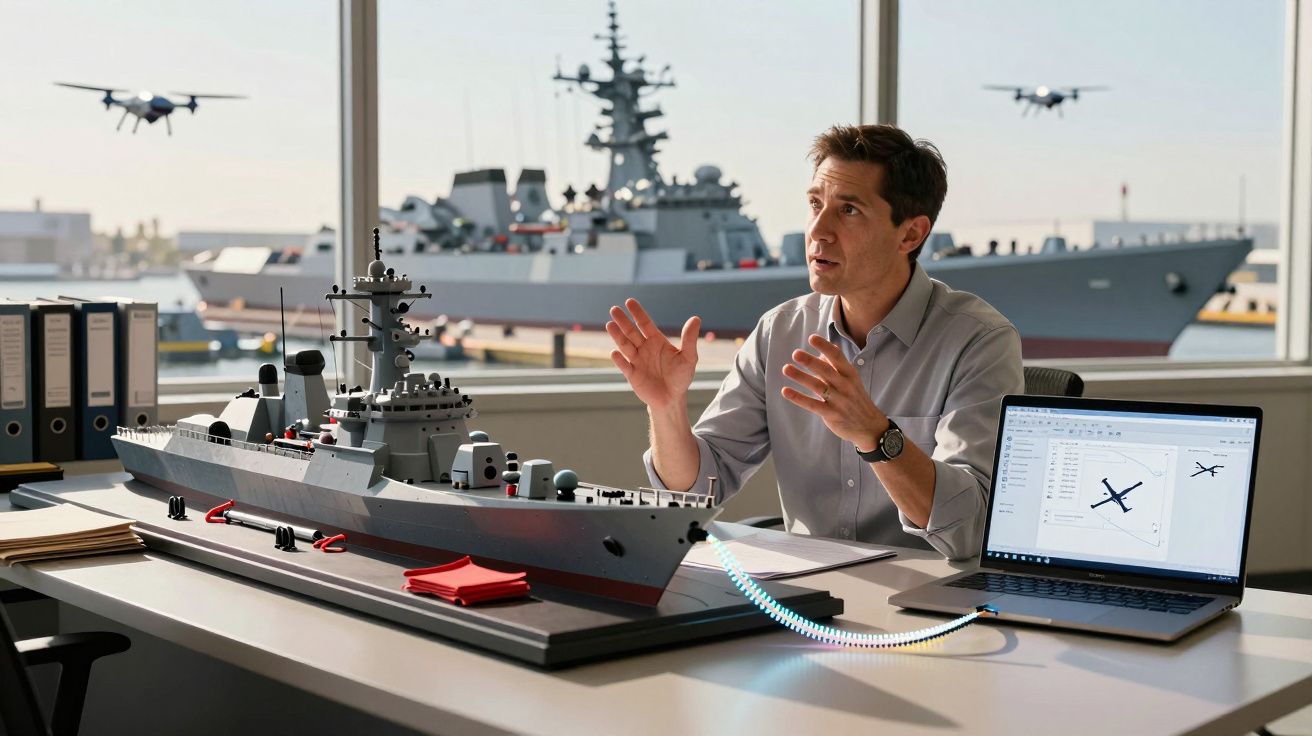 Engenheiro naval a explicar modelo de navio militar com drónes e navio real ao fundo.