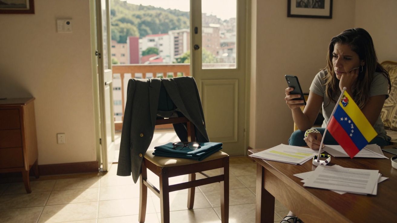 Mulher sentada numa sala a consultar o telemóvel, com documentos e bandeira da Venezuela na mesa.