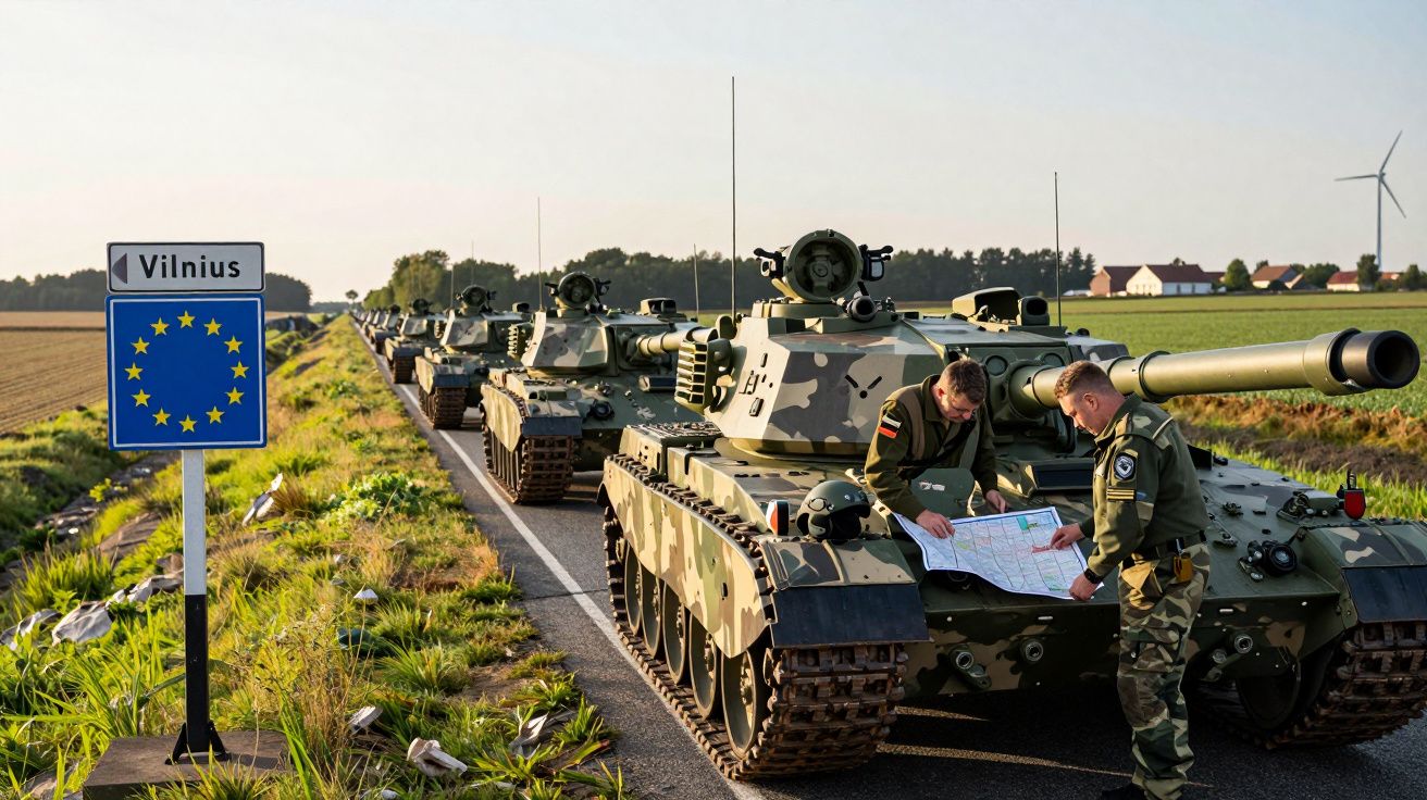 Coluna de tanques militares parados numa estrada rural junto a sinalização da União Europeia para Vilnius, com dois soldados 