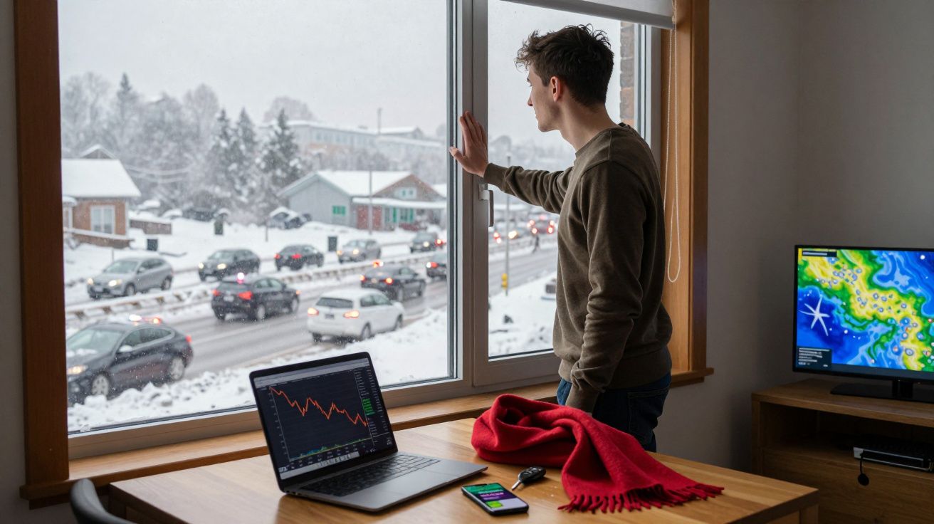 Homem de pé junto a uma janela a observar a neve e o trânsito, com computador e telemóvel numa mesa interior.