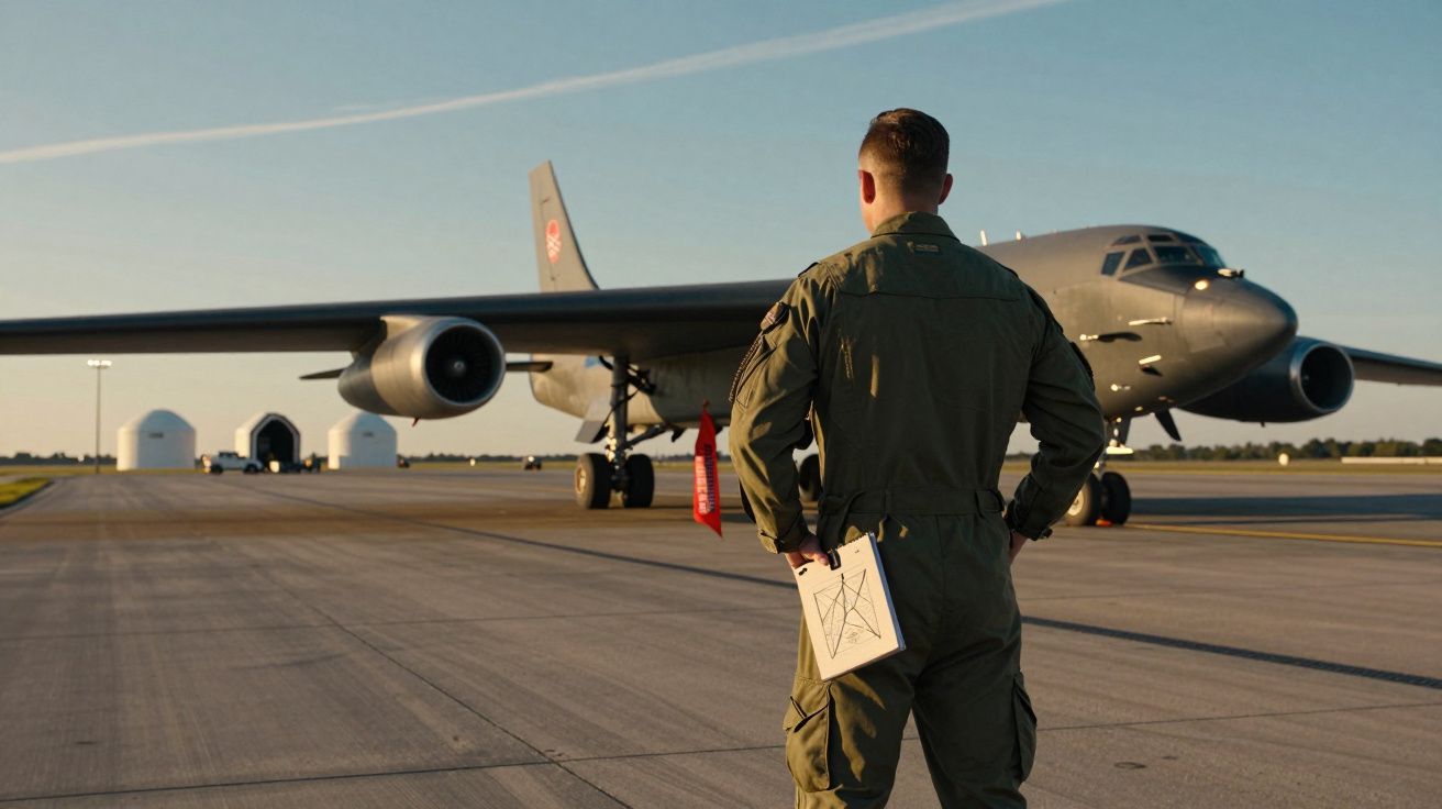Militar de costas com uniforme verde observa um avião militar estacionado numa pista ao entardecer.