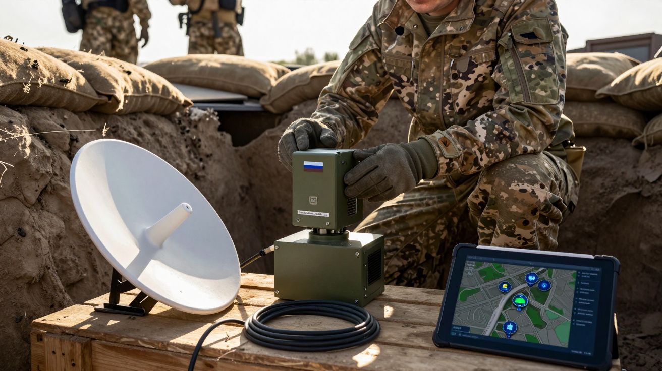 Soldado em uniforme camuflado ajusta equipamento de rádio perto de antena e tablet com mapa digital.