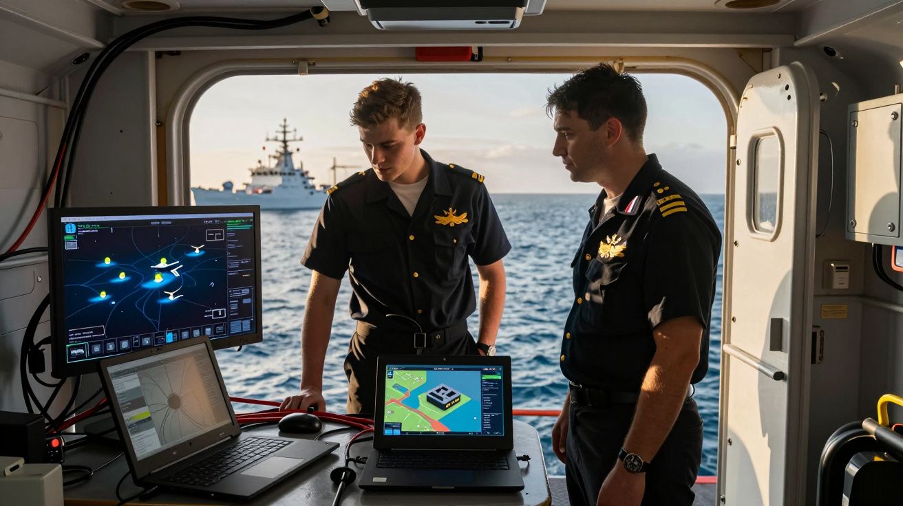 Dois oficiais navais em uniforme dentro de navio diante de monitores e do mar com outro navio ao fundo.